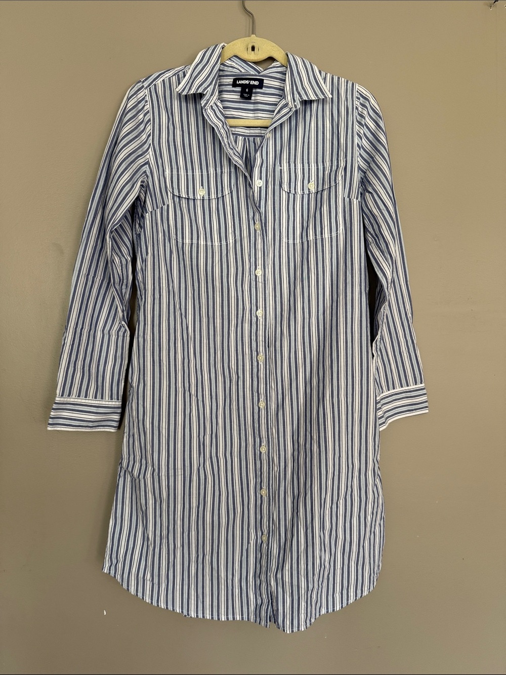 Lands' End Blue and White Striped Long Button-Front Shirt Dress - Picture 1 of 3